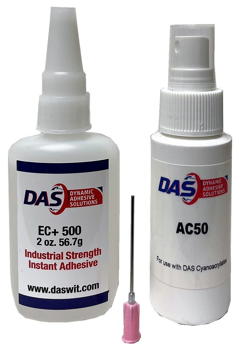 DAS EC+500 Rubber and Plastic Bonding Cyanoacrylate Superglue Kit 2oz  bottle, DS18-1.5 needle and 2oz Accelerator - GluePlace
